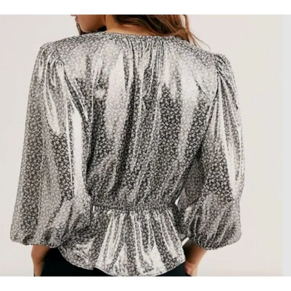 Free People XS Talk That Talk Metallic Silver Floral Puff Sleeve‎ Ruffle Top